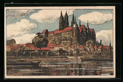 Steindruck-AK Meissen, Blick auf die Stadt vom anderen Ufer