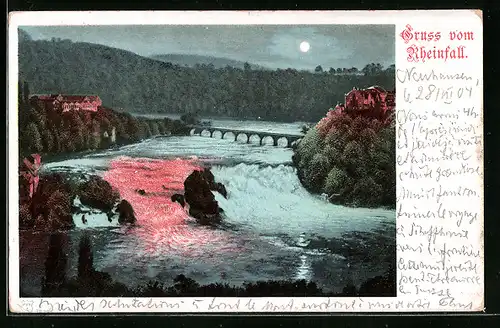 AK Rheinfall mit Blick zum Schloss Laufen bei Mondschein