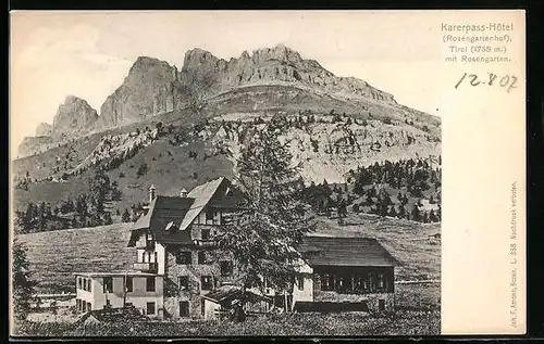 AK Karersee, Karerpass-Hotel (Rosengartenhof) mit Rosengarten