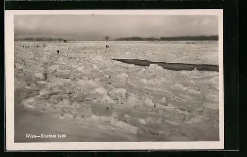 AK Wien, Eisstoss 1929, zugefrorener Fluss