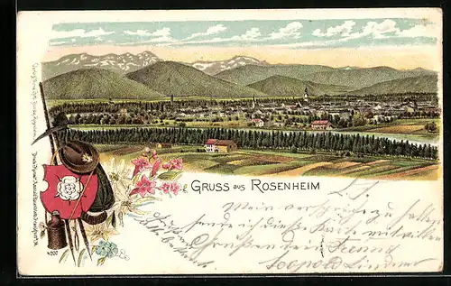 Lithographie Rosenheim, Blick aus der Ferne auf die Stadt