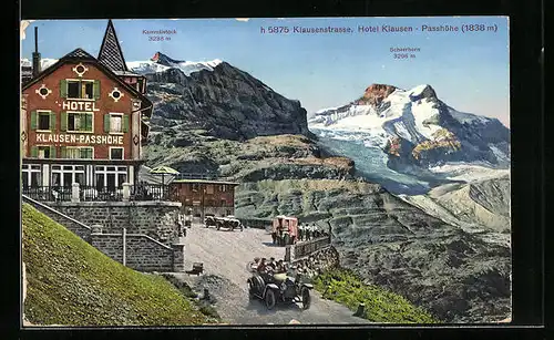 AK Klausenstrasse, Hotel Klausen-Passhöhe mit Blick auf Kammlistock und Scheerhorn