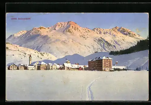 AK Andermatt, Der tiefverschneite Ort mit Blick auf die Berge