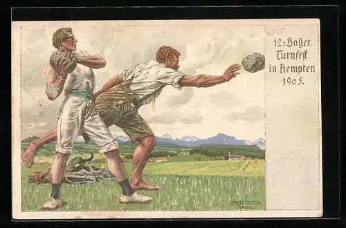 Künstler-AK Kempten, 12. Bayerisches Tunfest 1905, Sportler werfen Steine, PP15C67 /02, Ganzsache Bayern