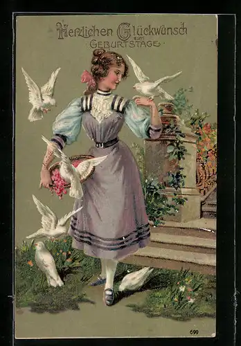 Präge-AK Glückwunsch zum Geburtstag, Dame im Kleid mit Tauben