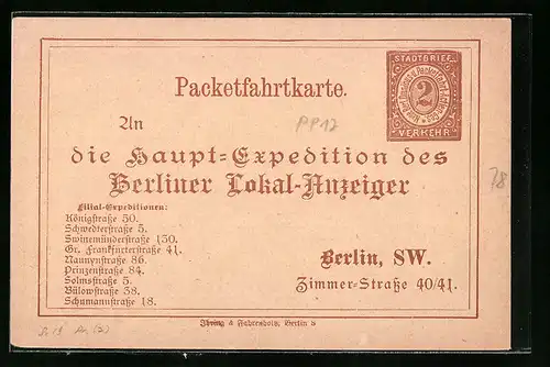 AK Berlin, Private Stadtpost Neue Berliner Omnibus- u. Packetfahrt AG, Berliner Lokal-Anzeiger, Zimmer-Strasse 40 /41