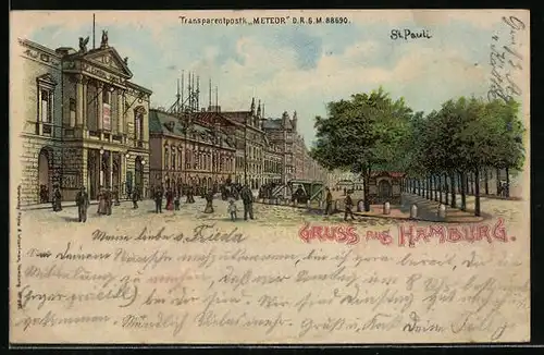 Lithographie Hamburg-St. Pauli, Strassenpartie mit Marktstand und Blick in Allee