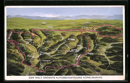 Künstler-AK Nürburg, Landkarte, Autorennen Nürburgring