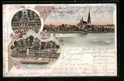 Lithographie Berlin-Wilmersdorf, Gasthaus Seebad, Garten, Ortspanorama