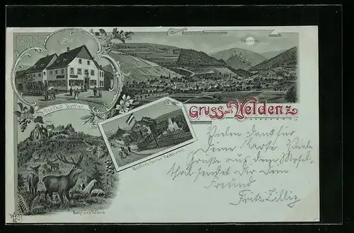 Mondschein-Lithographie Veldenz, Gesamtansicht, Gasthof Bottler, Bottlers Garten-Restaurant