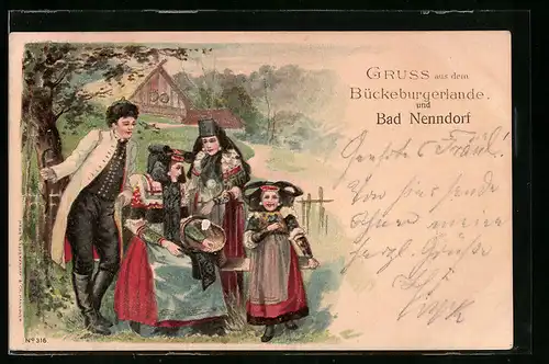 Lithographie Bad Nenndorf, Familie in Tracht aus dem Bückeburgerland