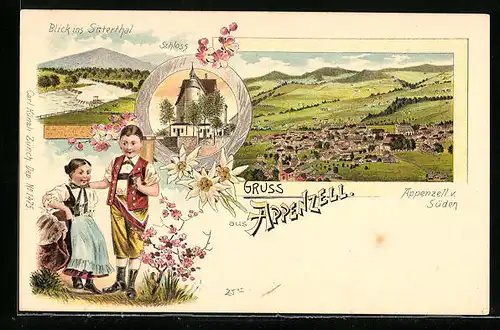 Lithographie Appenzell, Teilansicht von Süden, Schloss, Blick ins Sitterthal