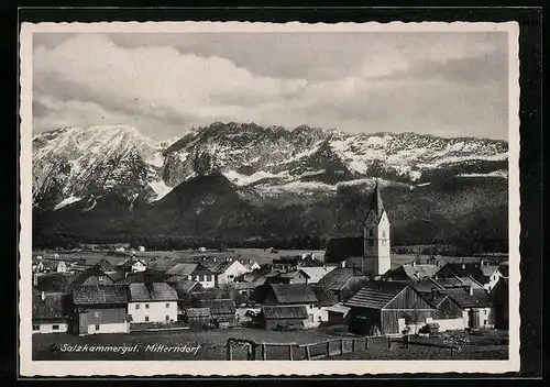 AK Mitterndorf, Ortspartie mit Kirche und den Bergen