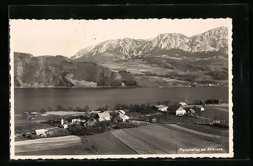 AK Parschallen am Attersee, Teilansicht mit See und Bergen