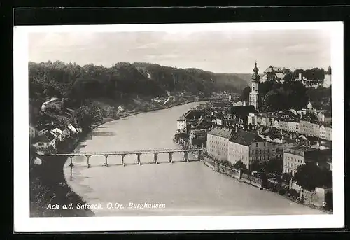 AK Ach a. d. Salzach, Ortsansicht mit Burghausen