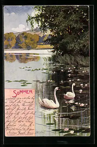 Künstler-AK Allegorie Sommer, Schwäne auf dem See