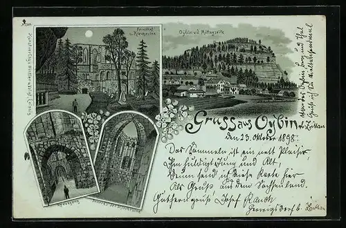 Mondschein-Lithographie Oybin, Friedhof, Kirchruine, Kreuzgang