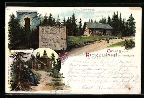 Lithographie Ilmenau, Kickelhahn bei Nacht, Gabelbach, Goethe-Häuschen