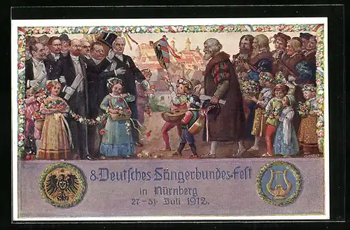 Künstler-AK Nürnberg, 8. Deutsches Sängerbundesfest 1912, Alter Mann und Junge mit Lauten