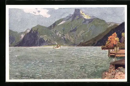 Künstler-AK Schafberg, Mondsee mit Dampfboot