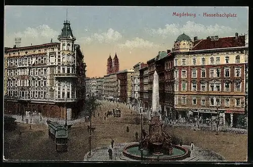 AK Magdeburg, Strassenbahn auf dem Hasselbachplatz