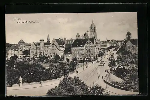 AK Posen, Strassenbahn an der Schlossbrücke