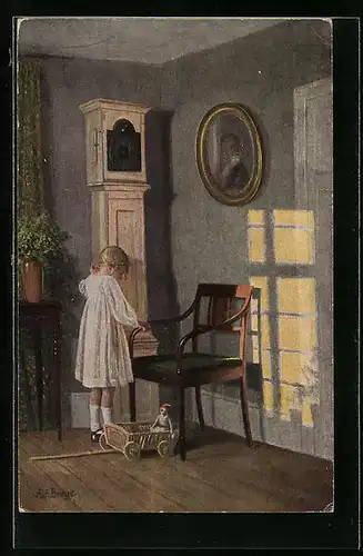 Künstler-AK sign. Alfred Broge: Mädchen steht an läutender Uhr, Dänische Kunst