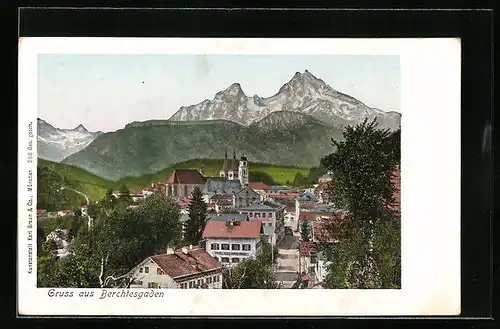 Goldfenster-AK Berchtesgaden, Ortspartie mit leuchtenden Fenstern an den Wohnhäusern