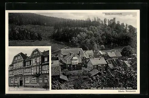 AK Steinbach-Hallenberg /Thür., Ortsansicht, Ruine Hallenburg, Döll`s Hotel