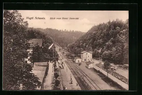 AK Liebau i. Vogtl. Schweiz, Blick vom Hotel Steinicht auf den Bahnhof