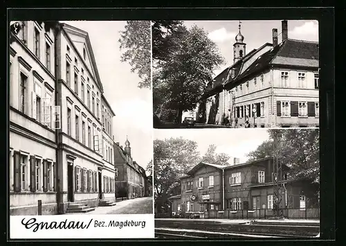 AK Gnadau b. Schönebeck, Bahnhof, Pfarrhaus mit Kirche am Platz