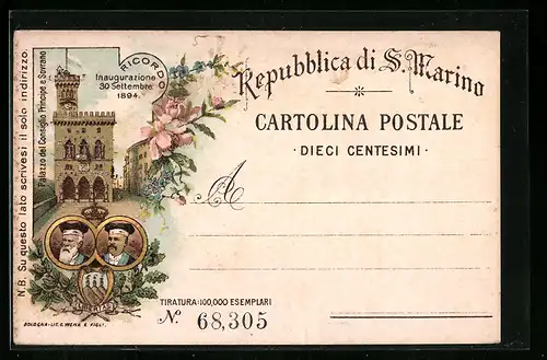 Lithographie S. Marino, Palazzo del Consiglio Principe e Sovrano, Inaugurazione 30 Settembre 1894