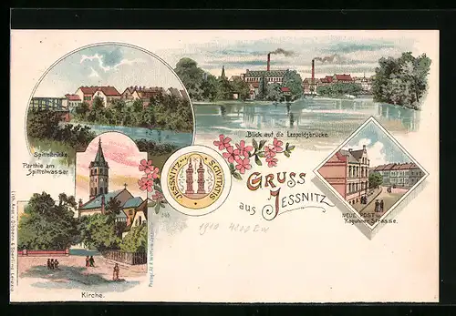 Lithographie Jessnitz, Ortsansichten mit Leopoldsbrücke und Spittelbrücke, Raguhner Strasse