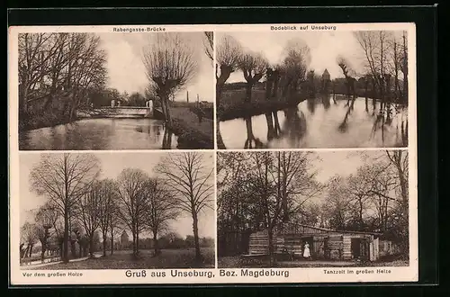 AK Unseburg /Bez. Magdeburg, Tanzzelt im grossen Holze, Vor dem grossen Holze, Rabengasse-Brücke