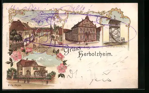 Lithographie Herbolzheim, Uttengasse und Villa Heppe