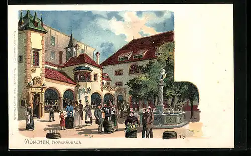 Lithographie Münchner Hofbräuhaus, Gäste im Hof