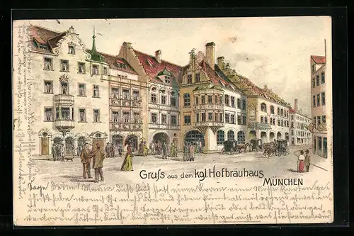 Lithographie München, Gasthof Münchner Hofbräuhaus, Passanten und Kutschen