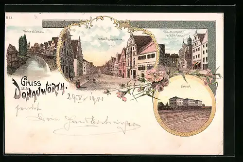 Lithographie Donauwörth, Riedertorturm mit Hotel Krone, Bahnhof, Partie a. d. Donau