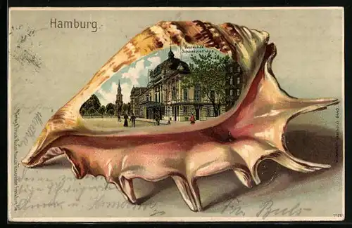 Passepartout-Lithographie Hamburg-St.Georg, Deutsches Schauspielhaus in einer Muschel