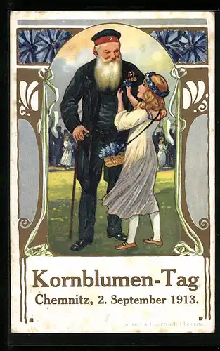 Künstler-AK Chemnitz, Kornblumen-Tag 1913, Mädchen steckt altem Mann eine Kornblume an
