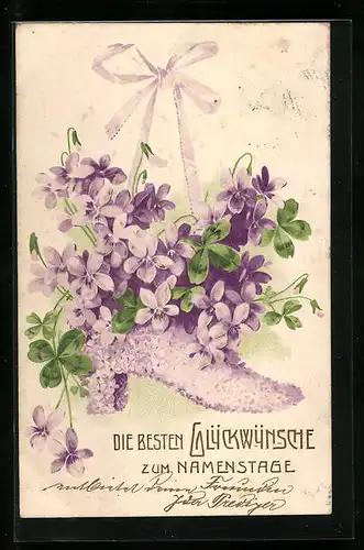 Präge-AK Schuh aus Blumen mit Blumenstrauss, Namenstagsgruss