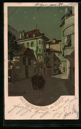 Lithographie Bozen, Gasthaus Batzenhäusl bei Nacht