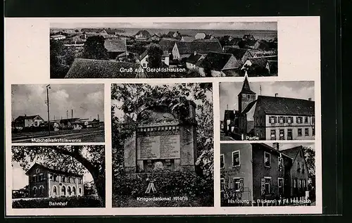 AK Geroldshausen, Muschelkalksteinwerke, Handlung u. Bäckerei v. Fr. Heunisch