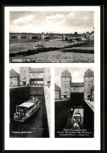 AK Minden i. W., Kanalbrücke über die Weser, Salon-Passagierschiff Porta Westfalica, Schachtschleuse