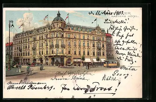 Lithographie Hannover, Kastens Hotel mit Strasse und Strassenbahn