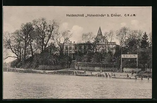 AK Erkner, Heideschloss Hohenbinde des CVJM vom Wasser gesehen