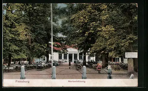 AK Flensburg, Gäste im Aussenbereich des Gasthauses Marienhölzung