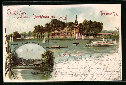 Lithographie Berlin-Treptow, Gasthaus Altes Eierhäusschen, Forsthaus