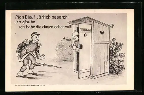 AK Deutscher Soldat besetzt ein Toilettenhäuschen mit dem Namen Lüttich, Propaganda 1. Weltkrieg