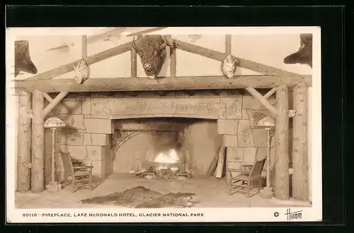 AK West Glacier, MT, Lake McDonals Hotel, Fireplace